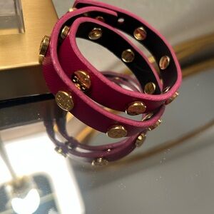 Tory Burch Pink Double-Wrap Stud Bracelet with Gold Toned Accents